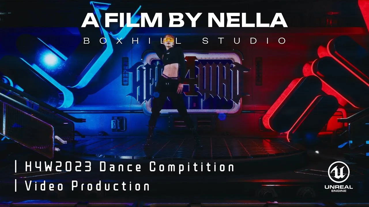 藍紅燈光舞台中央站著一名舞者，畫面標示 H4W 2023 Dance Competition 與 A Film by Nella